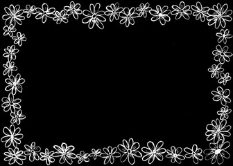 On a black background, a frame in the form of white flowers