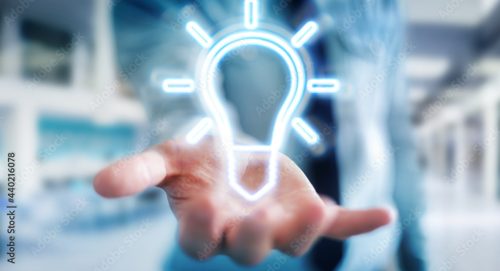 Leinwandbilder Man using lightbulb neon digital interface 3D rendering
