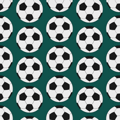 Soccer ball. Seamless vector pattern. Isolated green background. Cartoon style. Repeating sports ornament. Balls background. Sports equipment for the European Championship. Idea for web design.