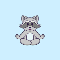 Cute racoon is meditating or doing yoga. Animal cartoon concept isolated. Can used for t-shirt, greeting card, invitation card or mascot. Flat Cartoon Style