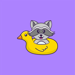Cute racoon With Duck buoy. Animal cartoon concept isolated. Can used for t-shirt, greeting card, invitation card or mascot. Flat Cartoon Style