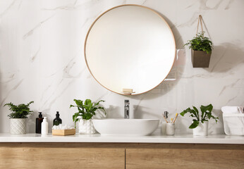 Beautiful green ferns and toiletries in bathroom