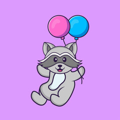 Cute racoon flying with two balloons. Animal cartoon concept isolated. Can used for t-shirt, greeting card, invitation card or mascot. Flat Cartoon Style