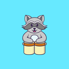Cute racoon is playing drums. Animal cartoon concept isolated. Can used for t-shirt, greeting card, invitation card or mascot. Flat Cartoon Style