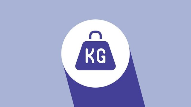 White Weight icon isolated on purple background. Kilogram weight block for weight lifting and scale. Mass symbol. 4K Video motion graphic animation
