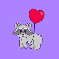 Cute racoon flying with love shaped balloons. Animal cartoon concept isolated. Can used for t-shirt, greeting card, invitation card or mascot. Flat Cartoon Style