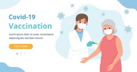 Vaccination for the elderly, senior woman and a doctor with a syringe. Banner webpage template vector illustration in flat cartoon style