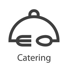 Logotipo con texto Catering con tapadera de bandeja de comida con tenedor y cuchara con lineas en color gris