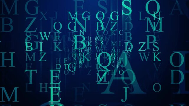 Abstract Blue Shiny Random Fractal Twinkling Alphabet Letters Moving Towards Camera Seamless Loop Background Animation