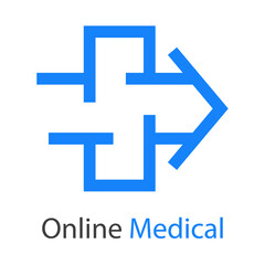 Logotipo con texto Online Medical con cruz con forma de flecha con lineas en color azul 