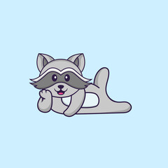 Cute racoon lying down. Animal cartoon concept isolated. Can used for t-shirt, greeting card, invitation card or mascot. Flat Cartoon Style