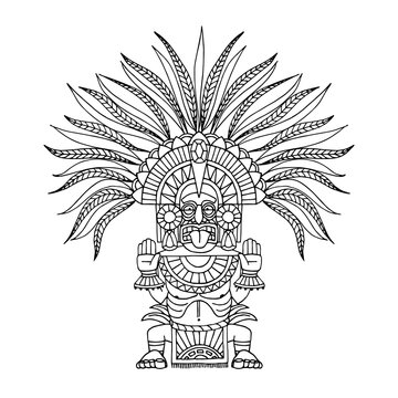 indian decorative totem, aztec god in feathered crown, shaman in mask, vector illustration with black ink contour lines isolated on a white background in a hand drawn and cartoon style © Николай Шитов