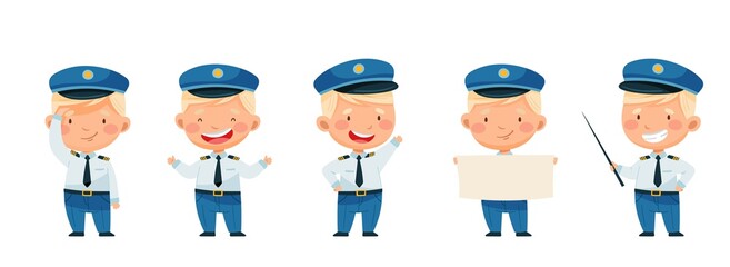  A set of airman characters in different poses. Pilot. Different movements. Isolated on white. Vector illustration