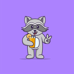 Cute racoon holding orange juice in glass. Animal cartoon concept isolated. Can used for t-shirt, greeting card, invitation card or mascot. Flat Cartoon Style