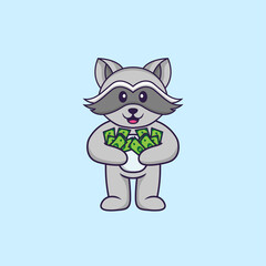 Cute racoon holding money. Animal cartoon concept isolated. Can used for t-shirt, greeting card, invitation card or mascot. Flat Cartoon Style