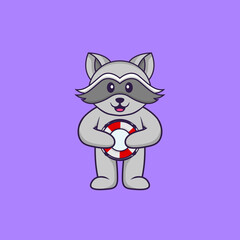 Cute racoon holding a buoy. Animal cartoon concept isolated. Can used for t-shirt, greeting card, invitation card or mascot. Flat Cartoon Style