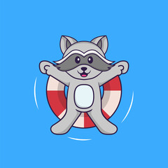 Cute racoon is Swimming with a buoy. Animal cartoon concept isolated. Can used for t-shirt, greeting card, invitation card or mascot. Flat Cartoon Style