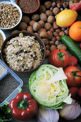 Set of healthy products. Cereals, seeds, vegetables, fruits, nuts. Vegan set.