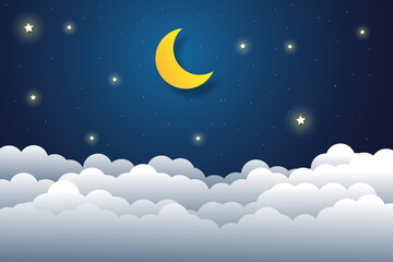 Plakat night sky with stars and moon. paper art style. Dreamy background with moon stars and clouds, abstract fantasy background. Half moon, stars and clouds on the dark night sky background. 