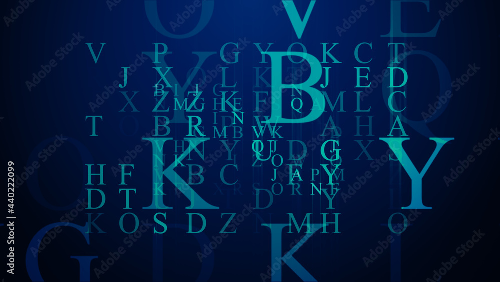 Fototapete abstract blue shiny random fractal alphabet letters background design