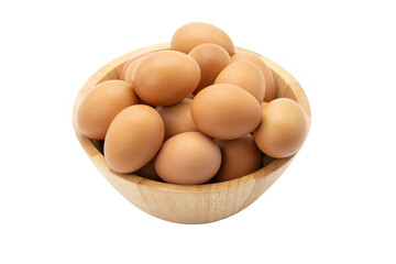Stacking eggs in wooden bowl isolated on white background.
