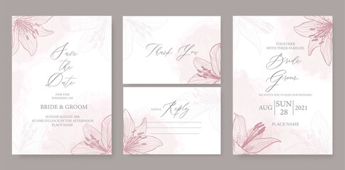Modern wedding invitation template, with watercolor stains, pink lilies, and handmade calligraphy