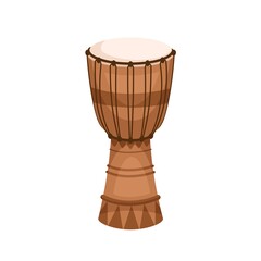 African djembe from wood, skin and rope. Traditional folk goblet drum jembe. Ethnic percussion music instrument from Africa. Colored flat vector illustration isolated on white background