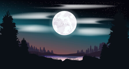 Naklejka na ściany i meble Vector night landscape. Forest. Starry sky. Colorful illustration. Bright Moon. Starry sky before dawn.