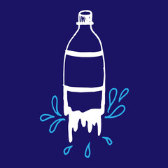 bottle illustration isolated on dark blue background. white outline, water bottle. hand drawn vector. doodle art for logo, label, cover, poster, banner, advertising, clipart. mineral water, cola botte