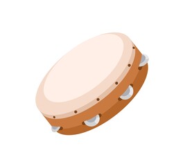 Wooden tambourine with metal jingles. Folk percussion music instrument with zills. Colored flat vector illustration of ethnic wood buben isolated on white background - obrazy, fototapety, plakaty