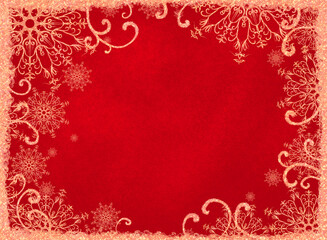 cute festive red christmas background with ornate curls and snowflakes, with place for text
