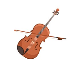 Fototapeta na wymiar Classical violin and bow. Wooden fiddle with fiddlestick. Orchestra string music instrument. Colored flat vector illustration isolated on white background