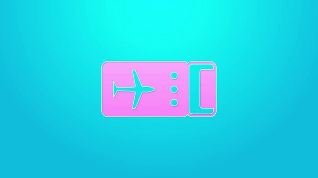 Pink line Airline ticket icon isolated on blue background. Plane ticket. 4K Video motion graphic animation