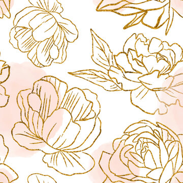 Seamless pattern with gold flowers and leaves. Hand drawn background. floral pattern for wallpaper or fabric. Flower rose. Botanic Tile