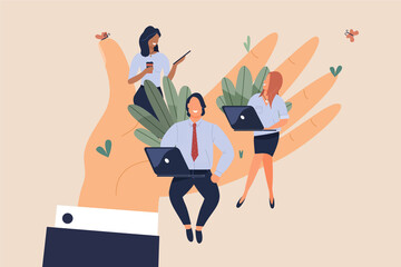 Fototapeta na wymiar Tiny office workers sitting on huge hand. Concept of good comfortable environment at work, favorable psychological climate,high pay and freedom of creativity for employees. Raster flat illustration