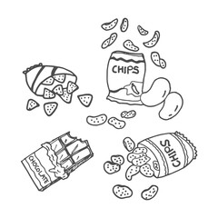 set of potato chips snack with dark chocolate bar illustration isolated on white background. hand drawn vector. delicious snack. doodle art for logo, clipart, wallpaper, branding, advertising, poster.