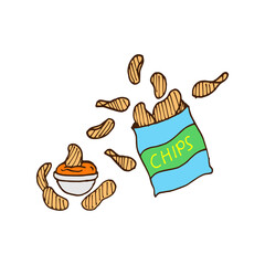 pile of chips illustration with sauce on white background. fast food icon. salty flavor. delicious snack. hand drawn vector. doodle art for logo, cover, poster, banner, advertising, branding, clipart.