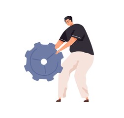 Person with big cogwheel in hands as symbol of technical works. Man holding metal gear. Concept of configuration settings and maintenance. Colored flat vector illustration isolated on white background