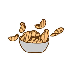 potato chips in the bowl illustration on white background. hand drawn vector. fast food icon. salty flavor. snack time. doodle art for logo, label, poster, branding, advertising, cover, clipart. 