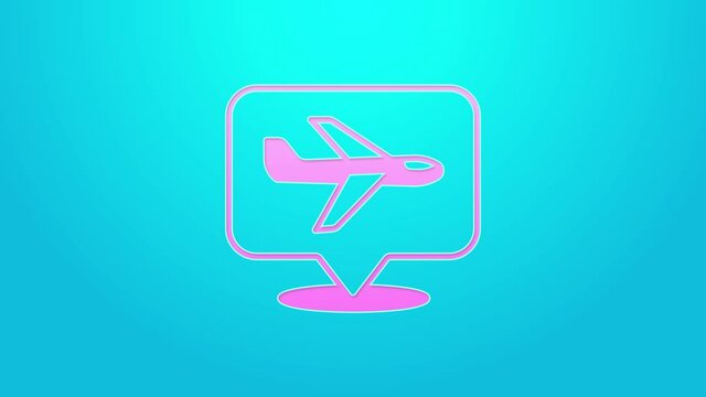 Pink line Plane icon isolated on blue background. Flying airplane icon. Airliner sign. 4K Video motion graphic animation