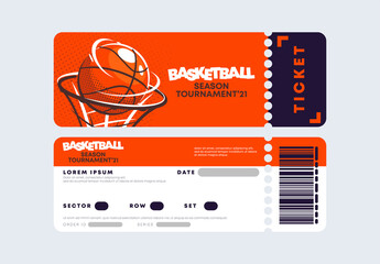 vector illustration of a basketball tournament entrance ticket template, front and back, flat design, basketball ball in a ring