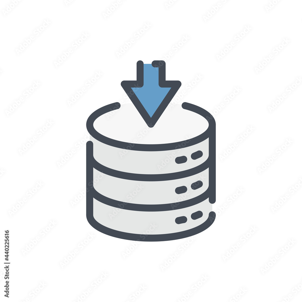 Poster download to database color line icon. arrow down and server storage vector outline colorful sign.