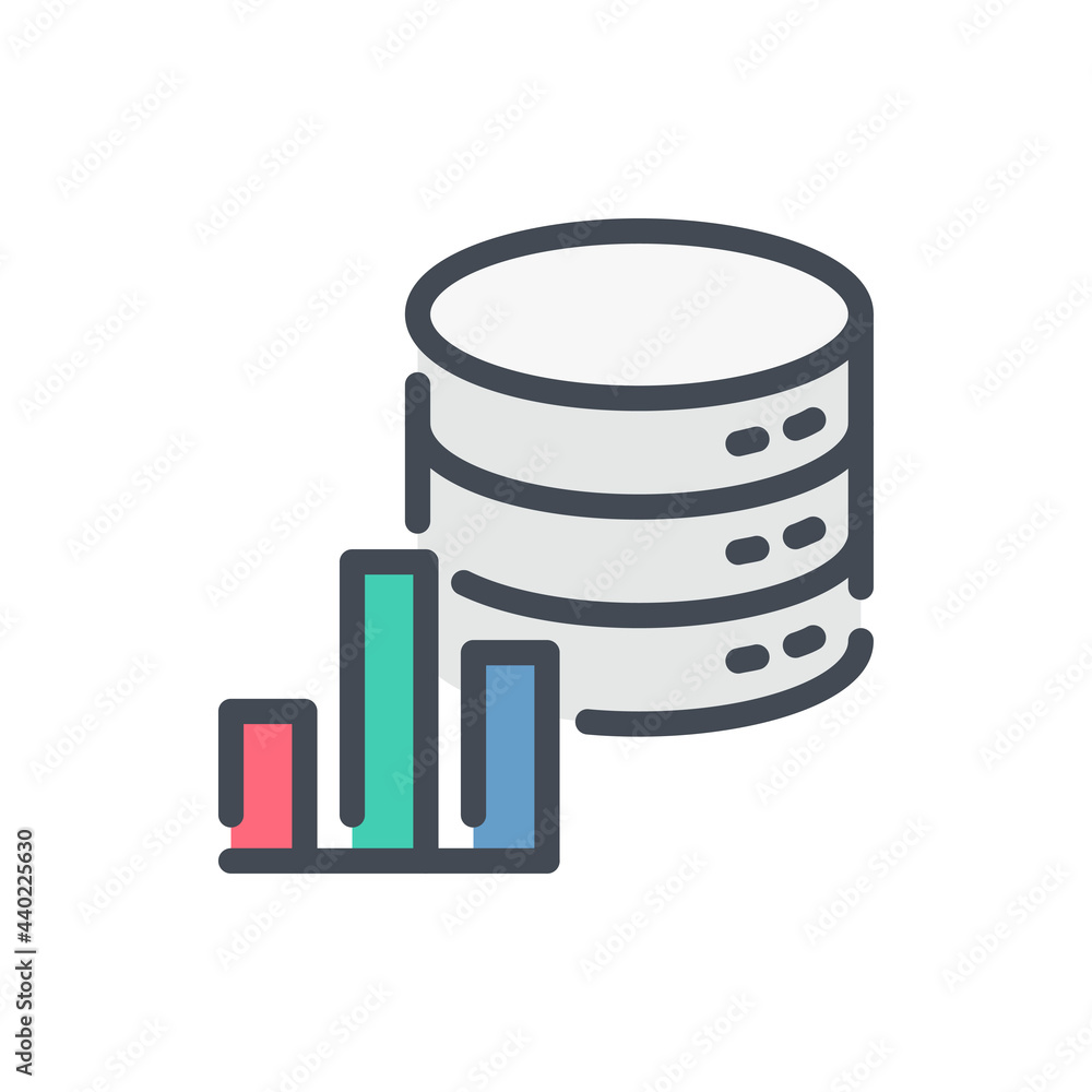 Poster database report color line icon. server storage statistics and analytics vector outline colorful sig