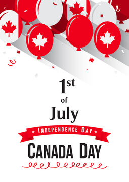 1st of July Happy Canada Day greeting card vector illustration. Balloons with confetti