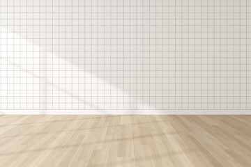 3d rendering of empty minimal room with small tile wall and wooden laminate floor. Modern interior design with window shadow on wall.