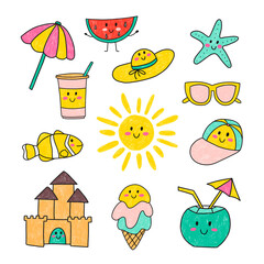 Hand Drawn illustration isolated on white background. Summer Set of elements. Kawaii characters. Cute face emotions in cartoon pencil style. Hawaii tropical cocktail, sun glasses fruits beach umbrella