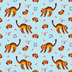 seamless watercolor pattern with tigers and lettering on colored background.
stylized illustrations for wrapping paper, fabric and decor.