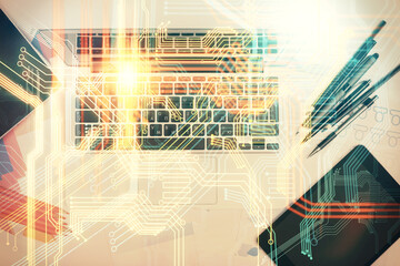Double exposure of map hologram drawing over study table background with computer. Concept of international network. Top view.