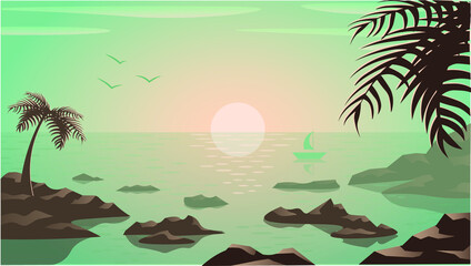 Fototapeta na wymiar Turquoise sunset on the sea side. Rock, palm trees, sun, birds. Good background for website, presentation, blog in social media or video about travelling.