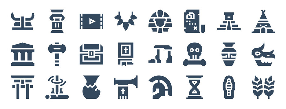 Set Of 24 History Web Icons In Glyph Style Such As Documentary, Stonehenge, Ceramics, Hourglass, Wheat, Pot. Vector Illustration.